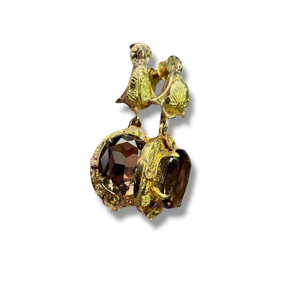 Antique Smoky Quartz Drop Earrings • 10K & 14K Solid Gold • Floral Bell Design